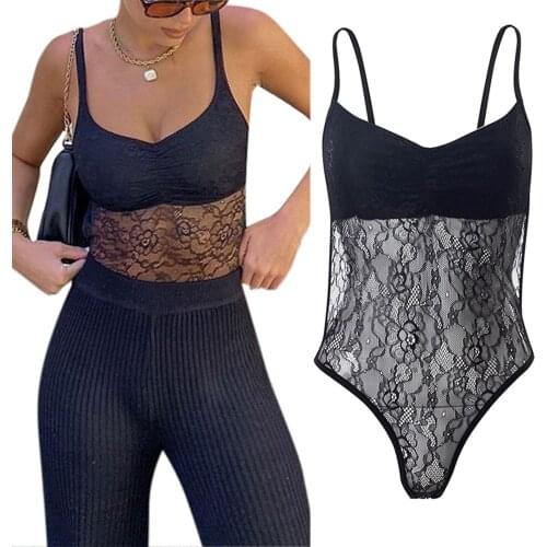 Sexy Ladies Floral Lace Bodysuit See Through Backless Romper Women Sleeveless V Neck Leotard Underwear Body Tops Streetwear