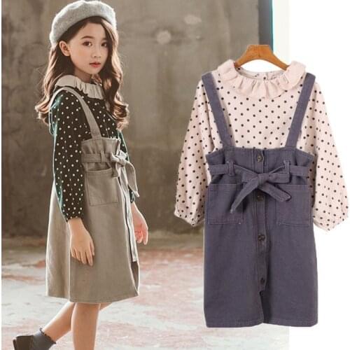 Kids clothing set 2 shirts suspender skirt suit autumn spring childrens clothing teenage girl clothes beige green
