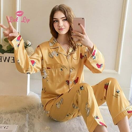 Lick Lip Thin Section Ice Silk Pajamas Set Women Lapel Long Sleeve Nightwear Fresh Lovely Comfortable Sleepwear SWD15517-30