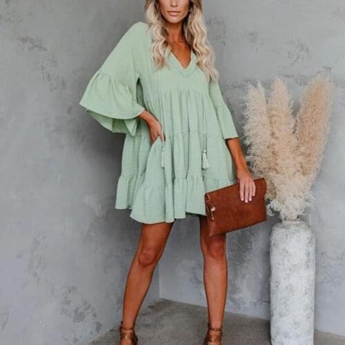 Mini Dress Flare Sleeve Ruffles Hem Elegant Solid Color V Neck Tassel Dress for Office Loose Dress Summer Dress V Neck Tassel