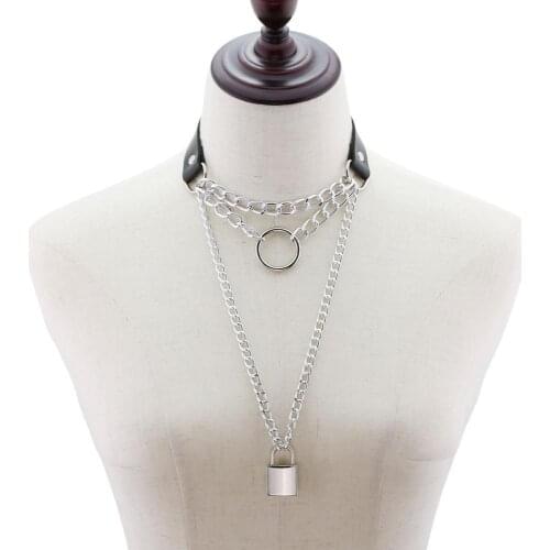 Multilayer Alloy Chain Circle lock Pendant Necklace Women Colier Collar Choker Black PU leather Gift Female Jewelry