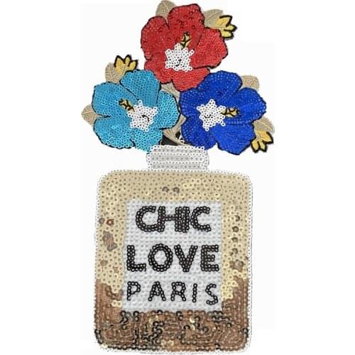 LOVE PARIS Flower perfume bottle Patches Applique Iron On Floral Custom Embroidery Patch Iron On Embroidery Patches