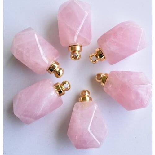 Natural Stone pink quatrz Perfume Bottle Necklace Pendant Essential Oil Diffuser Pendant Polygon Shape Jewelry for making 6pcs
