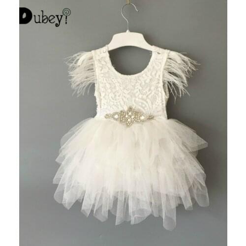 1st Birthday Party Dress Baby Girl Feather Princess Dress Lace Flying Sleeve Summer Dress Kids Tutu Clothing with Sashes
