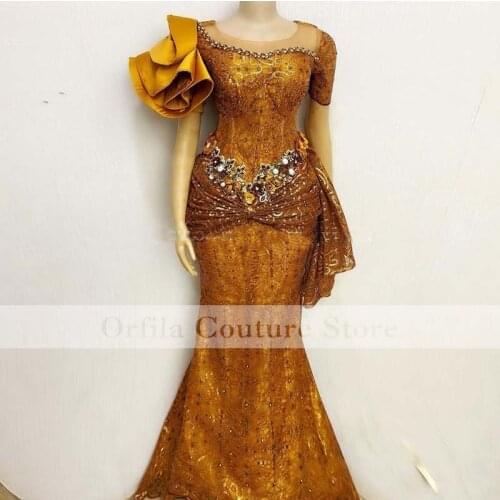 Traditional African Aso Ebi Formal Evening Dress Mermaid 2021 Lace Beads Scoop Prom Dress Long 2021 robe de soirée de mariage