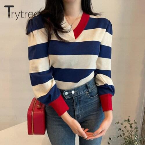Trytree 2021 Spring Autumn Women Sweater Casual Striped 3 Colour Pullovers Elastic Knitted All-match Style Short Tops For Women