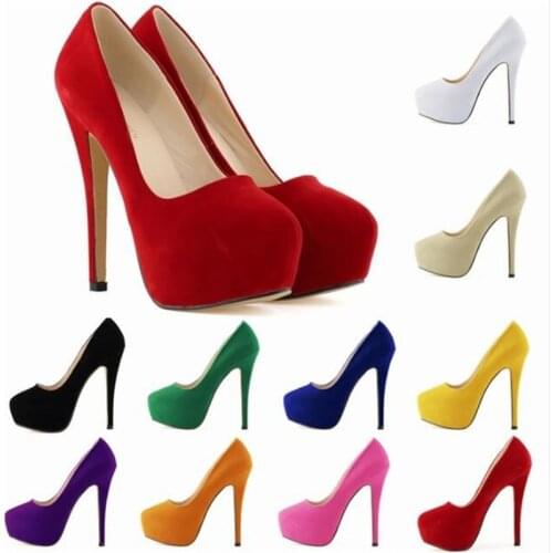 Women Pumps Office & Career Brand Thin High heels Black Wedding Party Round Toe Flock 14CM Slip On waterproof shoes size 35-42