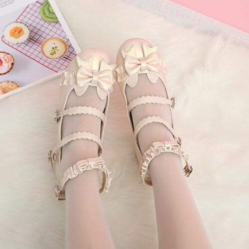 Lolita shoes lace bow tea party small leather shoes mid-heeled fairy shoes Vintage Sweet Lolita Shoes Bowknot Princess Kawaii