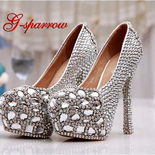 Gorgeous Silver Rhinestone Cinderella Prom Shoes Matric Graduate Farewell Ceremony Shoes Wedding Party Pumps Bridesmaid Shoes