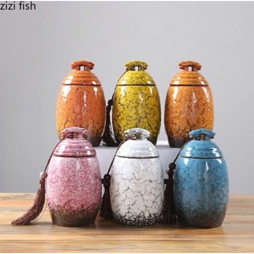 Vintage Crack Pattern Ceramic Tea Storage Jar Antique Candy Dried Fruit Storage Jar Color Tea Container Kitchen Canisters Set