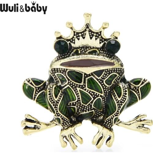 Wuli&baby Green Crown Frog Brooch Pins Prince Frog Enamel Brooches Animal Pin Gift New Design 2021