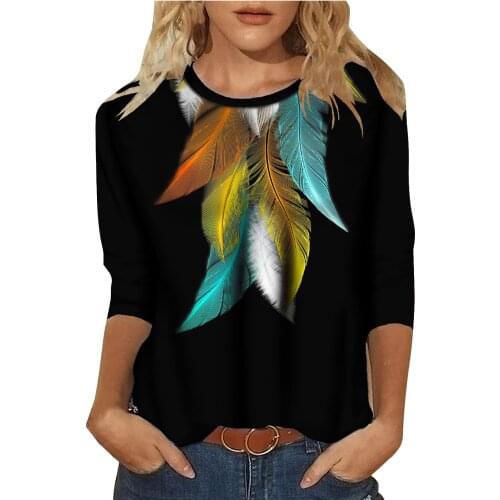 Korean Style T Shirt Female 2021 Fashoin Feather Print Graphic Tee Autumn Harajuku Crew Neck Pullover Vintage Streetwear Tops
