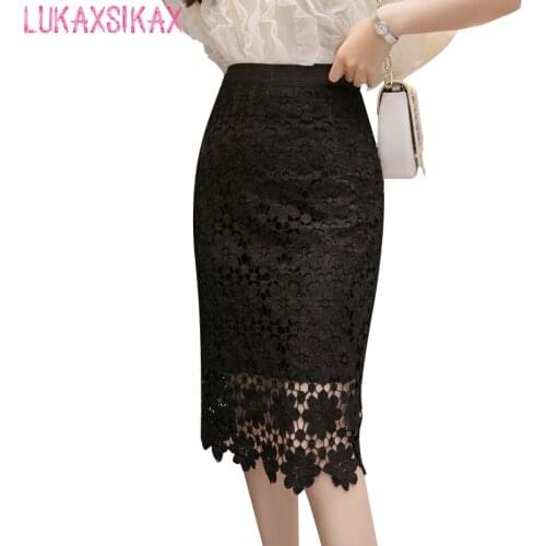 2020 New Spring Summer Women Skirt High Quality Flowers Hollow Out Chemical Lace Skirt Elegant High Waist Slim Pencil Skirt