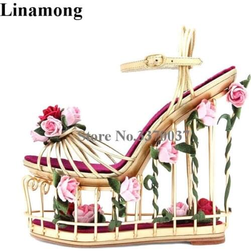 Women Unique Metal Caged Design High Platform Wedge Sandals Cut-out Flowers Decoration Ankle Strap Super High Wedge Sandals