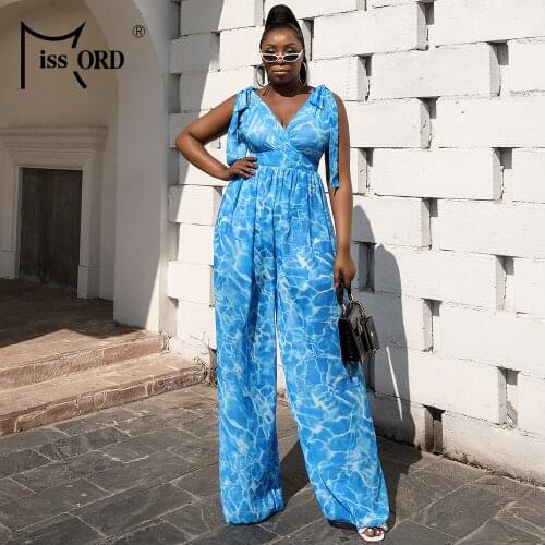 Missord 2021 Women Summer Plus Size Sexy Deep V Backless Camisole Pants Print Jumpsuit Beach Holiday Lace Up Combinaison Femme