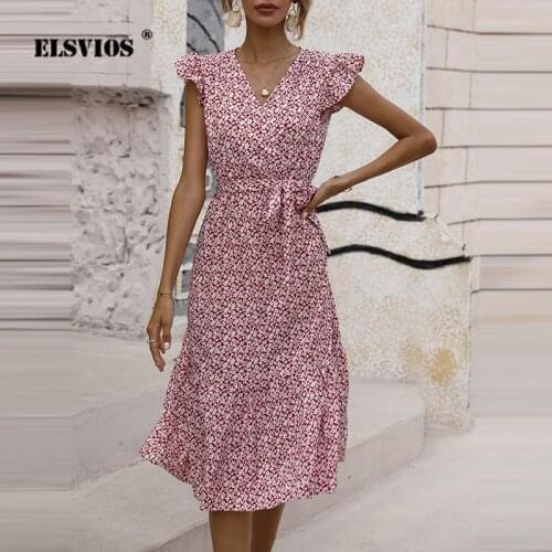 Waist Floral Dress Womens Petal Short Sleeve Large Swing Midi Dress 2021 Spring Summer Casual Elegant V Neck Sundress Vestidos
