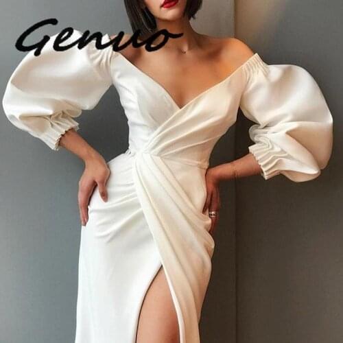 Genuo New Summer Sexy Asymmetrical Puff Sleeve Dress For Women V Neck High Waist Draped Split Hem Party Dresses 2019 Fashion New