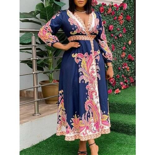 RMSFE 2021 Ladies Long Sleeve V-Neck Loose Large Temperament Commuter Ethnic Style Printed High Waist Dress