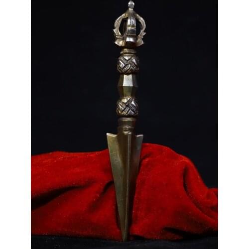 8" Tibet Buddhism Temple Old Tiantie Engraving tools Vajra Dorje Vajra Phurba Dagger Holder Ward off evil spirits Exorcism