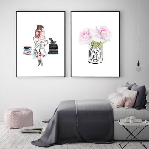 Watercolor Flower Roses Fashion Girl Book Heels Wall Art Canvas Painting Nordic Posters And Prints Wall Pictures For Living Room