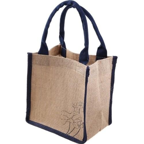 Jute Burlap Tote Printing Lotus Large Reusable Grocery Bags with Handles Women Shopping Bag Beach Travel Storage Organizer