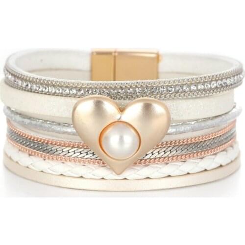 Fashion Multi-layer Leather Pearl Heart Shape Bracelet Magnet Clasp Bracelets Accessories For Women Party Daily Jewelry