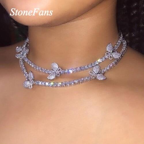 Stonefans Shiny Rhinestone Tennis Chain Butterfly Choker Necklace Hip Hop Small Animal Necklace Iced Out Chain Butterfly Jewelry