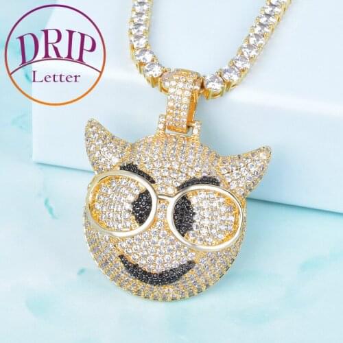 Black Eye Glasses Demon Face Pendant Gold Color Bling Bling Cubic Zircon Necklace Chain Charm Mens Hip Hop Rock Street Jewelry