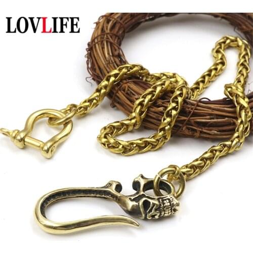 Brass Long Chain Men Pants Belt Waisting Hangings Keychains Vintage Copper Skull Buckles Rings Trousers Chains Dragon Head Hooks