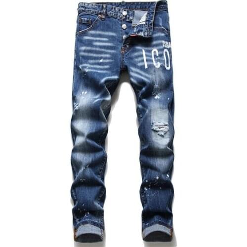 2021 ICON Blue Brand Paint Ripped Holes Wild Personality New Jeans Mens Bottom Denim Pants Pocket Zipper Labeling Casual Street