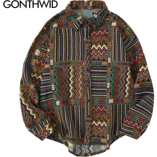 GONTHWID National Style Color Block Geometric Pattern Long Sleeve Tees Shirts Streetwear Hip Hop Harajuku Casual Loose Shirt Top