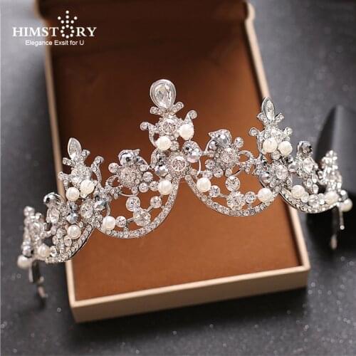Himstory Elegance Wedding Bridal Crystal Tiara Crowns Princess Queen Pageant Prom Pearl Headband Wedding hair accessories