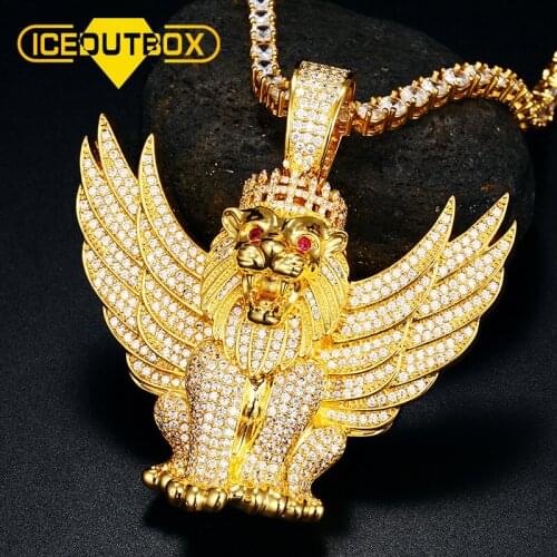 ICEOUTBOX Cubic Zircon Animal Lion King With Wing Pendant Bling Red Eye For Mens Hip Hop Jewelry Hollow Back Charm Accesscories
