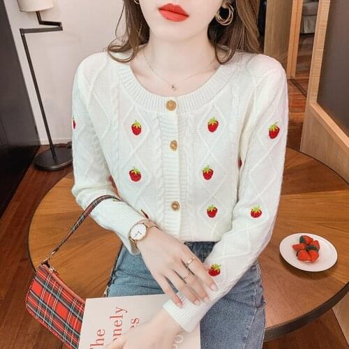 Cardigan Sweater Female Autumn Fashion Strawberry Embroidery Knitted Cardigan Long-sleeved Womens Sweater Cardigan Jacket Top