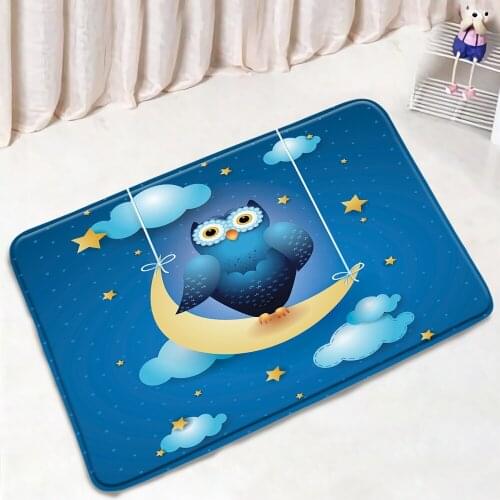 Funny Cartoon Bird Bath Mat Cute Owl Moon Creative Animal Swing Non-Slip Rug Flannel Suede Bathroom Kitchen Doorway Aisle Carpet