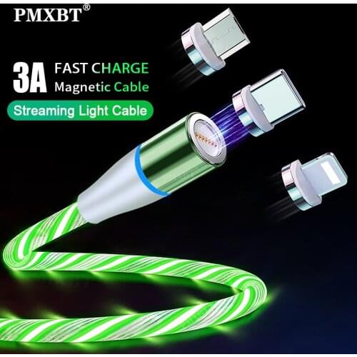3A Flowing Light LED Magnetic Cable Micro USB Type C Cable Fast charging Data Cable for iPhone Samsung Xiaomi USB-C Phone Cables