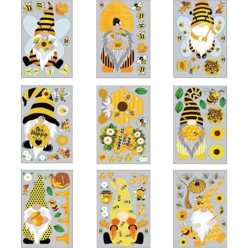 9 Sheets Bumble Bee Gnome Stickers Window Decals DIY Wallpaper Decoration for Home Nursery Living Room 449E