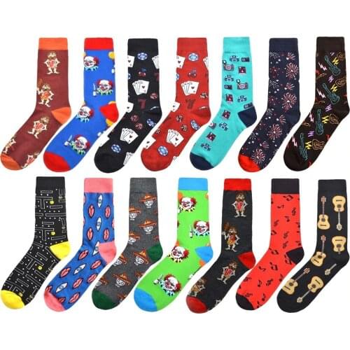 PEONFLY High Quality Men Happy Socks Novelty 14Colors Cartoon Clown Guitar Socks Men Combed Cotton Calcetines Largos Hombre