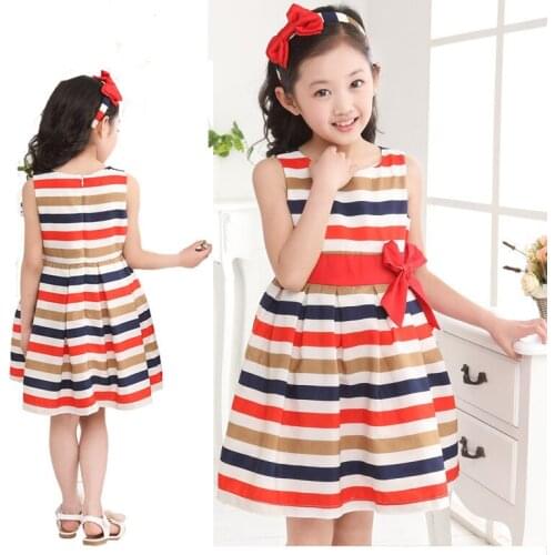 2020 New Fashion One Piece Striped Bowknot Summer Dress Princess Birthday Dress for Girls Sleeveless Dress for 3-8 Years Girls