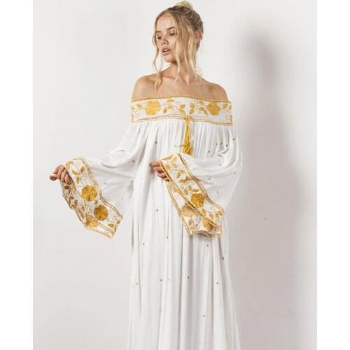 GypsyLady Boho Floral Embroidered Maxi Dress Women Off Shoulder Tassel Tied Cotton Dress Female Long Dress Summer Beach