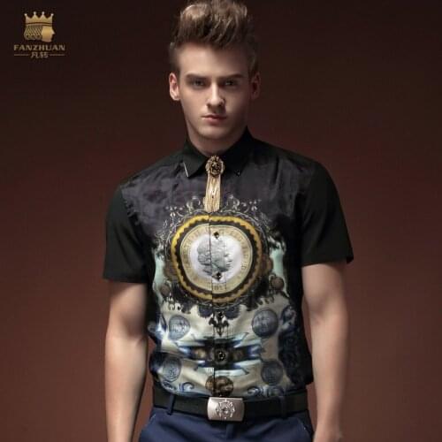 Free shipping new fashion casual mens male summer short sleeved black shirt collar shirt 15314 character pattern on sale