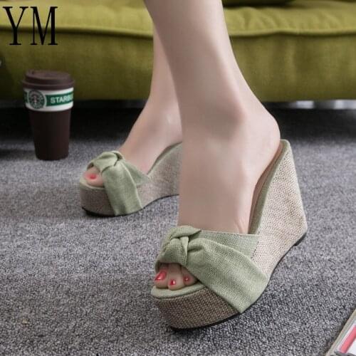 2019 Womens Sandals With Knot Comfortable Slippers Ladies Womens Casual Shoes Breathable Flax Canvas 10CM Wedge Pumps 3 Colour