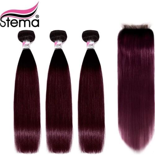 Stema Brazilian Straight Human Hair Bundles 3 Bundles With 4x4 Lace Closure 1B/99J Ombre Remy Hair Extension Free Shipping
