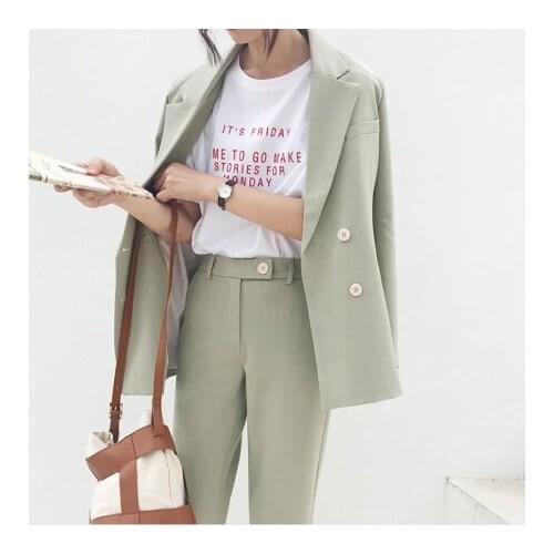 Vintage Autumn Winter Thicken Women Pant Suit Light Green Notched Blazer Jacket & Pant 2021 Office Wear Women Suits Female Sets