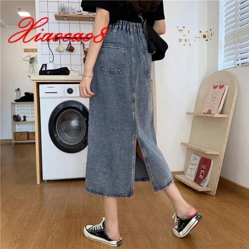 Long Back Elestic Waist Denim Skirts Womens Vintage Wash Skirt Woman Elegant Casual Jean Skirts for Women Teen Girls Clothes