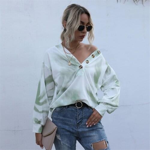 2020 Women Autumn Long Sleeve Tie Dye Print T Shirt Casual Loose Tops V-neck Tops T Shirt Autumn