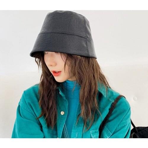 PU Leather Bucket Hat Women Men Outdoor Sunscreen Unisex Winter Foldable Fishing Hunting Cap Men Chapeau Sun Prevent Hats
