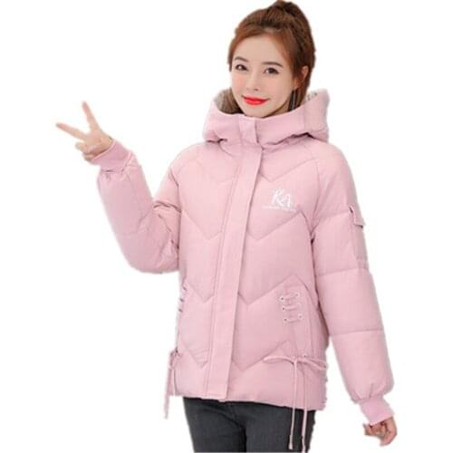 2020 Winter Fashion Korean Womens Cotton Jacket Long Sleeve Short Pink Hooded High Quality Big Size Female Cotton Coats 1001