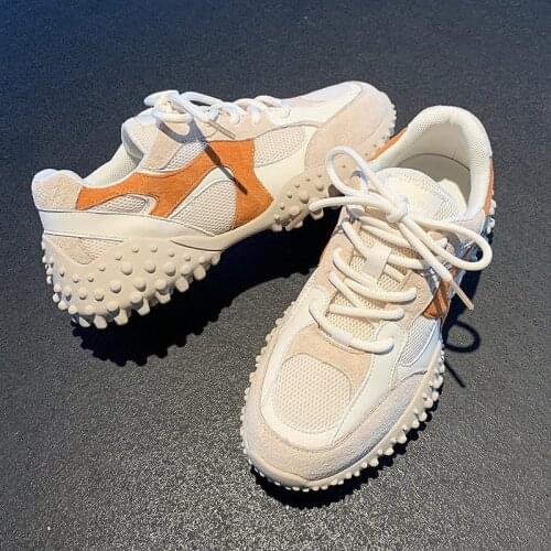 2021 Spring Women Casual Sport Shoes Flats Comfortable Mesh Lace Up Woman Vulcanized Shoes Outside Platform Sneakers Green Beige