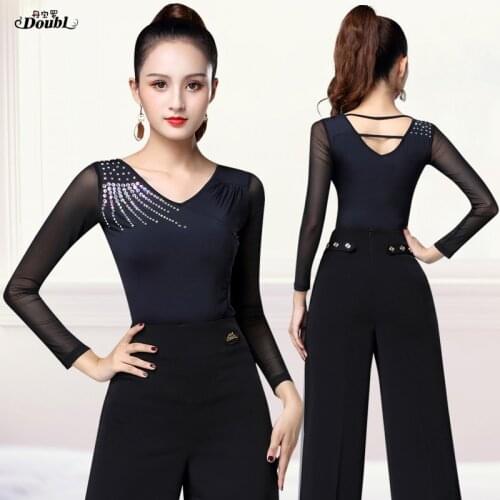 DOUBL 2020 Long Sleeve Latin Dance Wear Dancing Clothes Women Rumba Rhinestone Ballroom Dance Top Practice Dance Wear Costumes